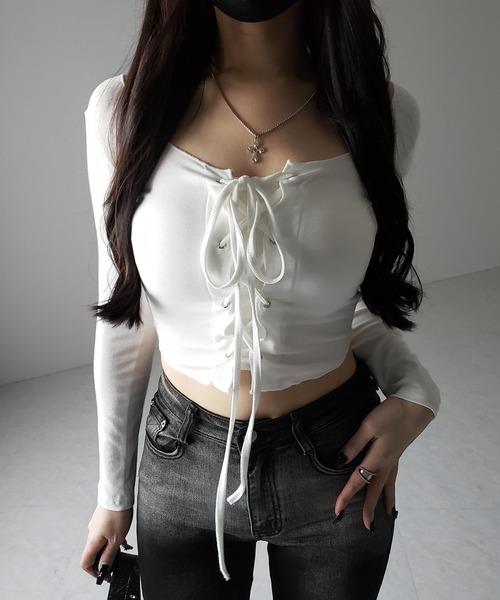 me+em select tシャツ 「 3color 」レースアップフロントリボン
