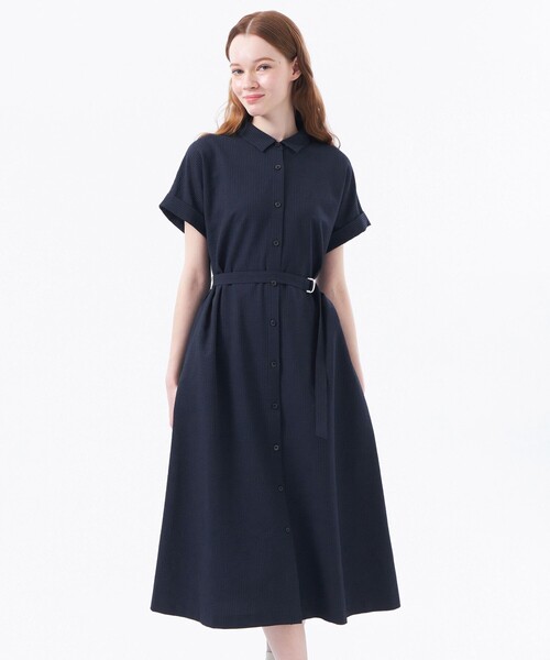 マッキントッシュフィロソフィー　シアサッカー　シャツワンピース　ネイビー MACKINTOSH PHILOSOPHY ワンピース サッカーシャツワンピース