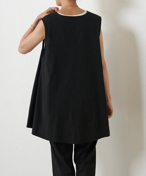 BEARDSLEY 黒麻ベスト BEARDSLEY ベスト ジレ リネン混Uネックフレアベスト