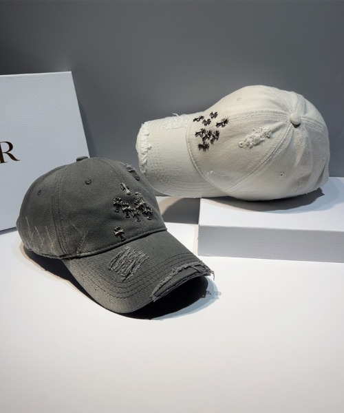 ブラック ダメージ加工 ベースボールキャップ ワンポイント刺繍ロゴダメージ加工デニムベースボールキャップ