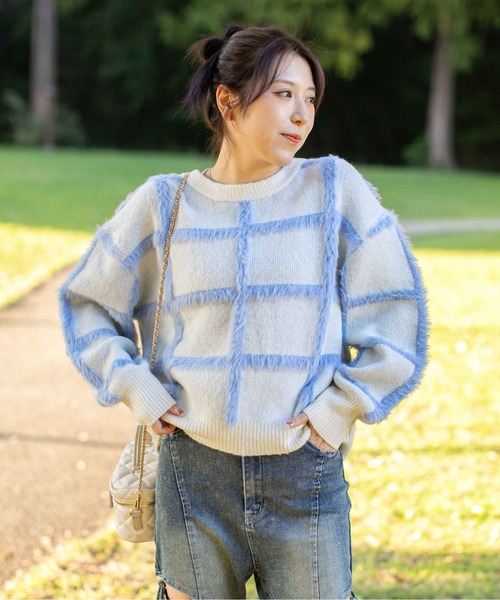 ニット セーター 「ふわシャギーライン」レディース チェック柄 ゆる