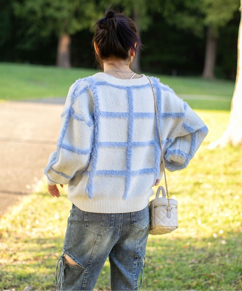 ニット セーター 「ふわシャギーライン」レディース チェック柄 ゆる