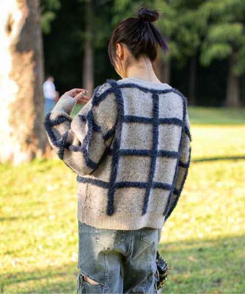 ニット セーター 「ふわシャギーライン」レディース チェック柄 ゆる
