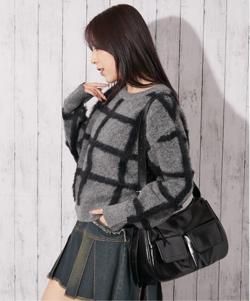 ニット セーター 「ふわシャギーライン」レディース チェック柄 ゆる