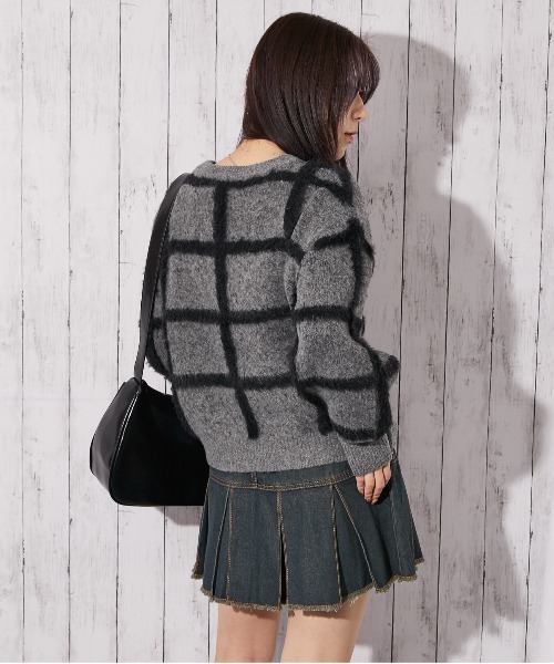 ニット セーター 「ふわシャギーライン」レディース チェック柄 ゆる