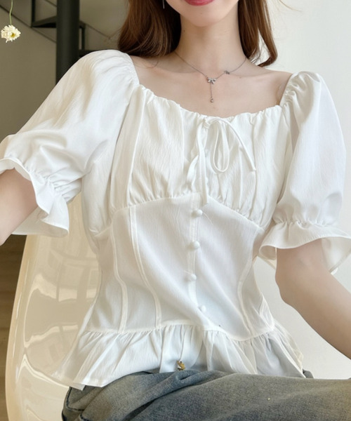 セシリーバンセン HOPE TOPパフスリーブブラウス 白 背中美人 Ada. ブラウス シャツ 半袖 スクエアネック コルセット風 パフスリーブ