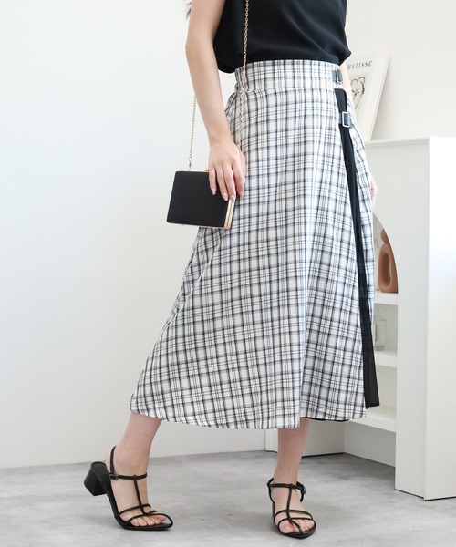 Nohea スカート 夏 nohea車ひだプリーツ切替 無地/チェック ラップ風