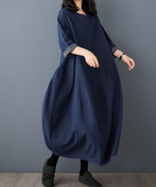 「FAVORITO」 長袖ワンピース X-LARGE ダークブルー レディース_画像3