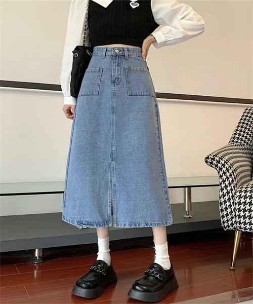 最終のお値下げ✴︎プリーツプリーズ　デニム　スカート FREE STYLISTS デニムスカート フロントスリットデニムスカート