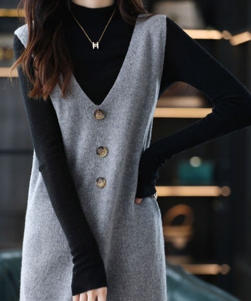 deux amour ワンピース マーブルボタン深VニットノースリOP : ZOZOTOWN