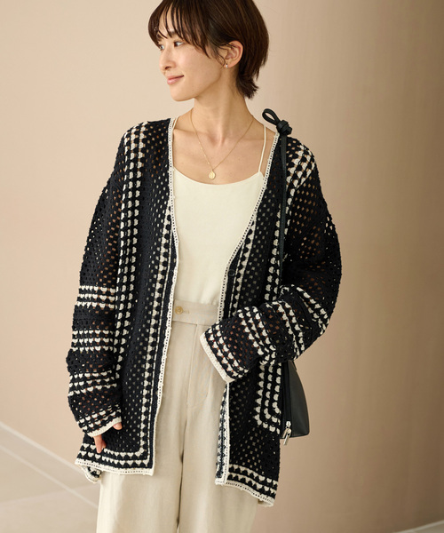 JOURNAL STANDARD relume, クロシェVネックカーデ／白黒 JOURNAL STANDARD relume カーディガン クロシェモチーフVネック