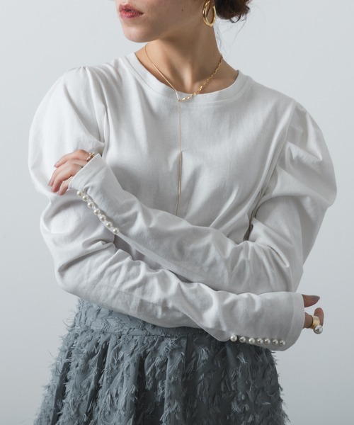 tシャツ 袖口パールパワーショルダーカットソー レディース