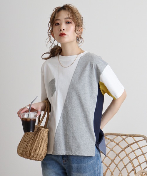 エグランティーヌ EGLANTINE 切り替え配色カットソー （カーキ） エグランティーヌ EGLANTINE 切り替え配色カットソー （カーキ