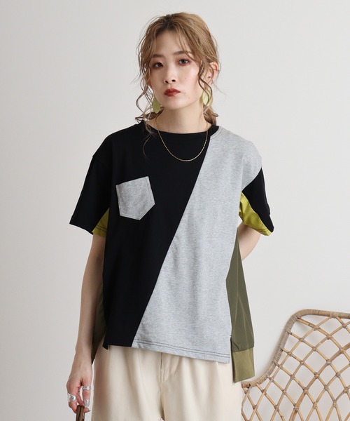 エグランティーヌ EGLANTINE 切り替え配色カットソー （ブラック） セール】EGLANTINE バックライン 配色切替カットソー（Tシャツ