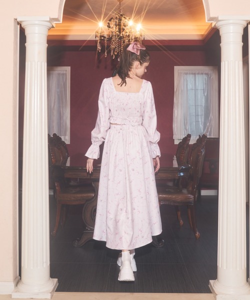 リボン刺繍スクエアネックトップス レディース Lovilyn ブラウス シャツ リボンフラワー柄スクエアネック