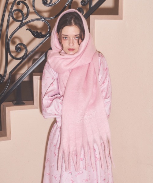 ピンク ロゴ刺繍 マフラー フリンジ付き セール】ロゴ刺繍大判マフラー（マフラー）｜Lovilyn（ラヴィリン）の