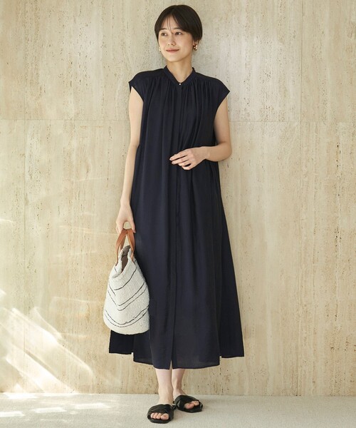 UNFILO ヴィンテージシアー ギャザー ワンピース ネイビー S 新品 撥水/接触冷感/洗える】ヴィンテージシアー ギャザーワンピース
