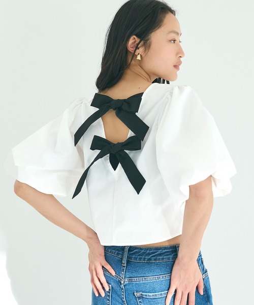 ブラウス シャツ バックリボンパフブラウス レディース Chico ブラウス シャツ バックリボン開きフリル柄ブラウス