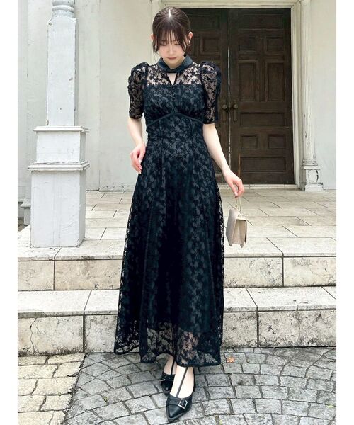 レースドレス ストライプ刺繍レースドレス(シルバー)H1-428SLV-M | OTONA DRESS
