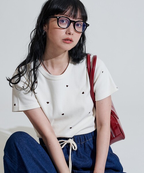 リブ編み半袖Tシャツ ハート刺繍付き　新品 FREAK'S STORE tシャツ ミニハート刺繍 Tシャツ/リブTシャツ