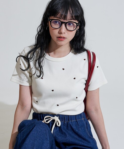 リブ編み半袖Tシャツ ハート刺繍付き　新品 FREAK'S STORE tシャツ ミニハート刺繍 Tシャツ/リブTシャツ