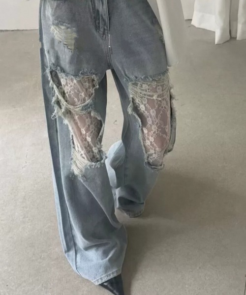 [AsRiRe] повреждение обработка Denim брюки M sax голубой женский 
