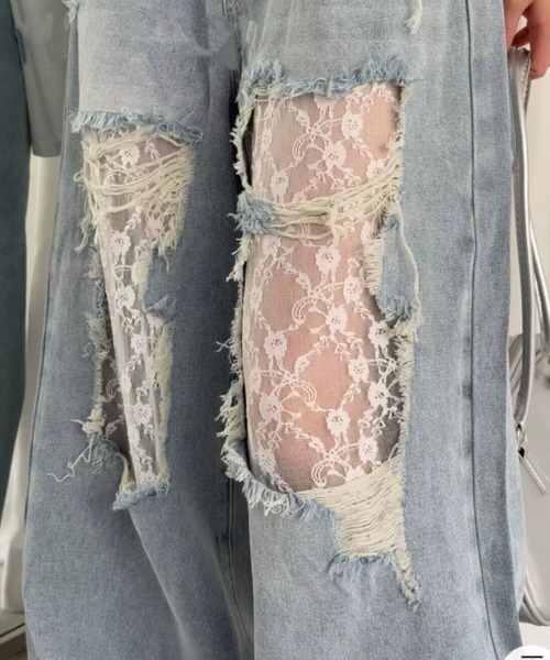 [AsRiRe] повреждение обработка Denim брюки M sax голубой женский 