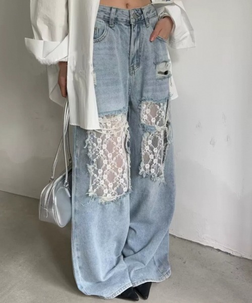[AsRiRe] повреждение обработка Denim брюки M sax голубой женский 