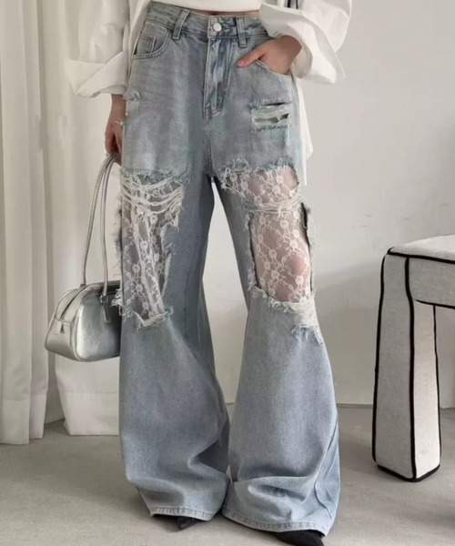 [AsRiRe] повреждение обработка Denim брюки M sax голубой женский 
