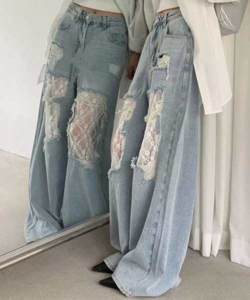 [AsRiRe] повреждение обработка Denim брюки M sax голубой женский 