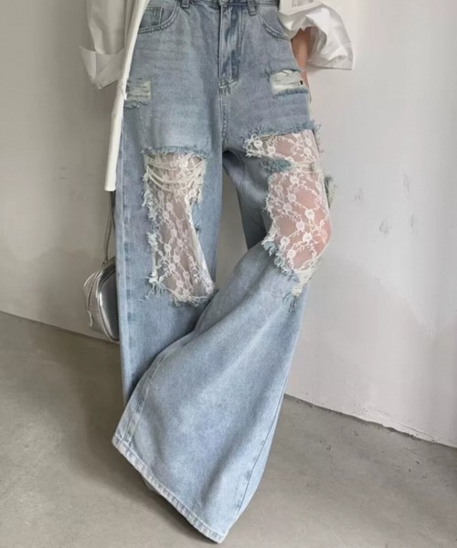 [AsRiRe] повреждение обработка Denim брюки M sax голубой женский 