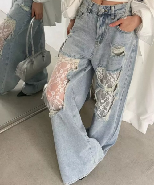 [AsRiRe] повреждение обработка Denim брюки M sax голубой женский 