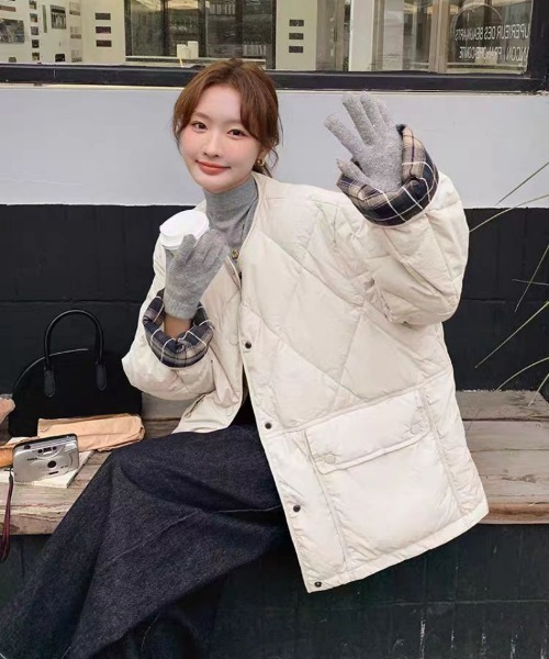 ダウンコート ダウンジャケット 袖チェック切り替え ビックポケットデザイン エコダウンジャケット レディース | ブランド登録なし | 05