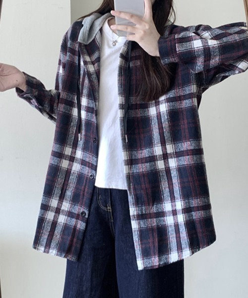 ブラウス シャツ フード付きチェック柄シャツ レディース : ZOZOTOWN