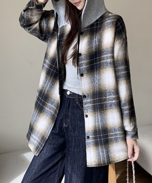 ブラウス シャツ フード付きチェック柄シャツ レディース : ZOZOTOWN