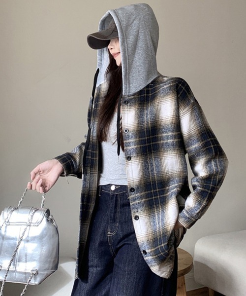 ブラウス シャツ フード付きチェック柄シャツ レディース : ZOZOTOWN