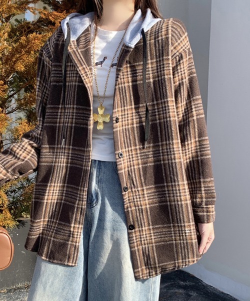 ブラウス シャツ フード付きチェック柄シャツ レディース : ZOZOTOWN