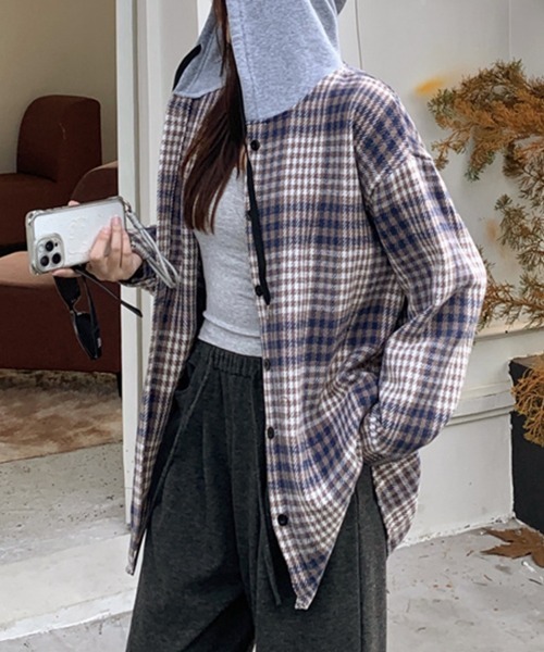 ブラウス シャツ フード付きチェック柄シャツ レディース : ZOZOTOWN