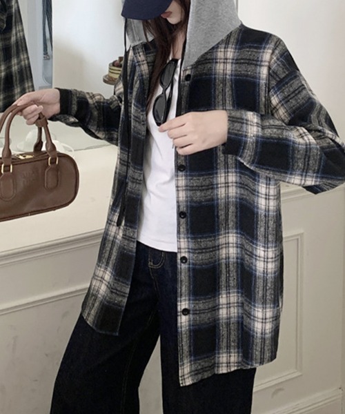 ブラウス シャツ フード付きチェック柄シャツ レディース : ZOZOTOWN