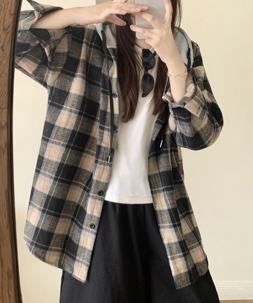 ブラウス シャツ フード付きチェック柄シャツ レディース : ZOZOTOWN