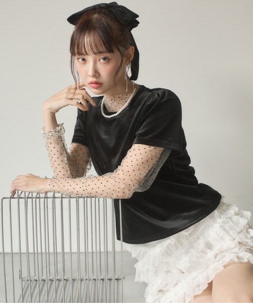 Nadana tシャツ 半袖 ドットインナーセットベロアトップス レディース 