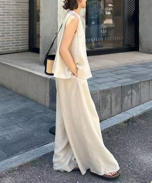 【値下げ】ノースリーブトップス＆ワイドパンツ セットアップ セットアップ ノースリーブトップス＋ワイドパンツセットアップ 無地