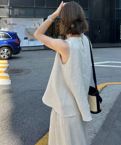 セットアップ ノースリーブトップス＋ワイドパンツセットアップ 無地