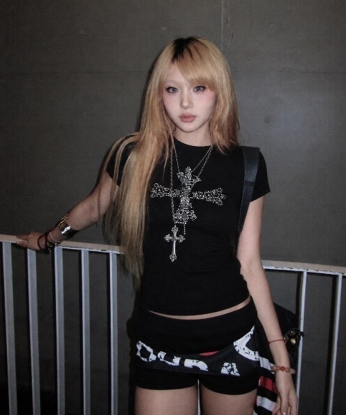tシャツ 半袖 Y2K パンク グラフィックプリントフレンチスリーブT