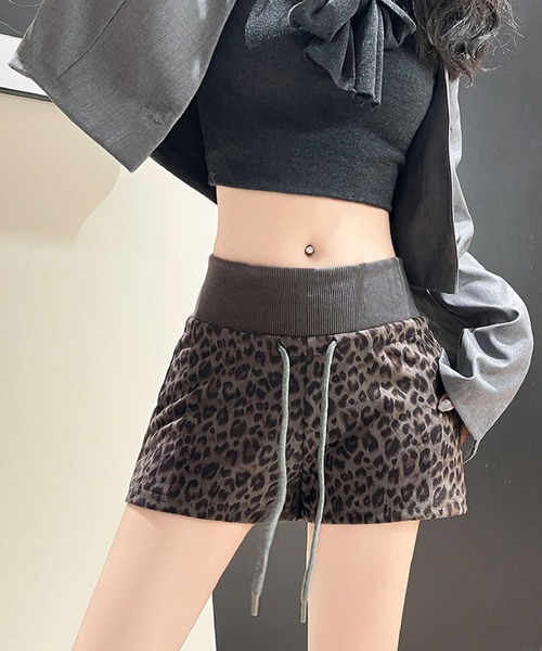 2ly2 パンツ レオパード ショートパンツ ヒョウ柄 ウエストゴム ミニ丈