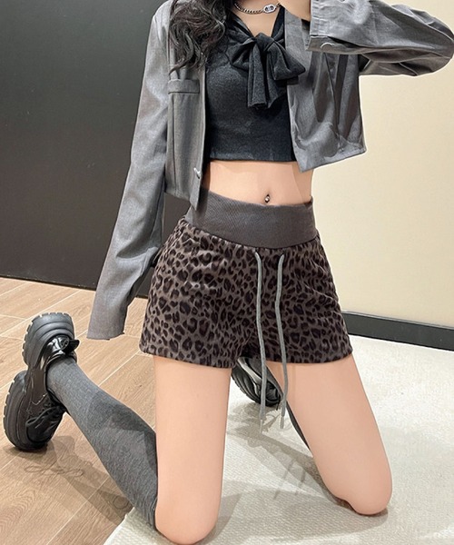 Setupexe ヒョウ柄ショートパンツ チャコールグレー 2ly2 パンツ レオパード ショートパンツ ヒョウ柄 ウエストゴム ミニ丈