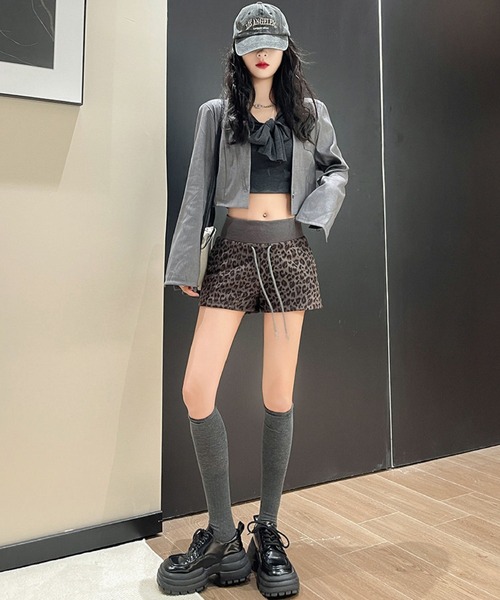 2ly2 パンツ レオパード ショートパンツ ヒョウ柄 ウエストゴム ミニ丈