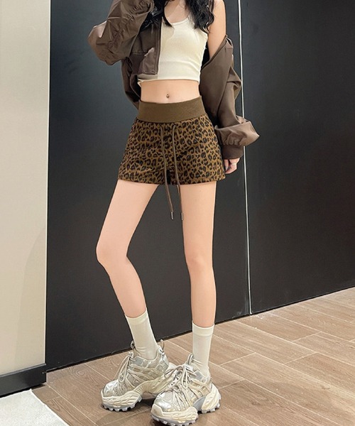 2ly2 パンツ レオパード ショートパンツ ヒョウ柄 ウエストゴム ミニ丈