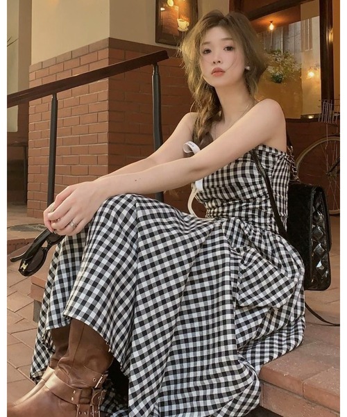 「inst.ALL」 ベアトップワンピース M ホワイト×ブラック レディース_画像6