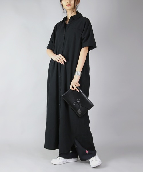 ブラックロングシャツワンピース and it_ シャツワンピース スキッパー＆ベーシックロングシャツ